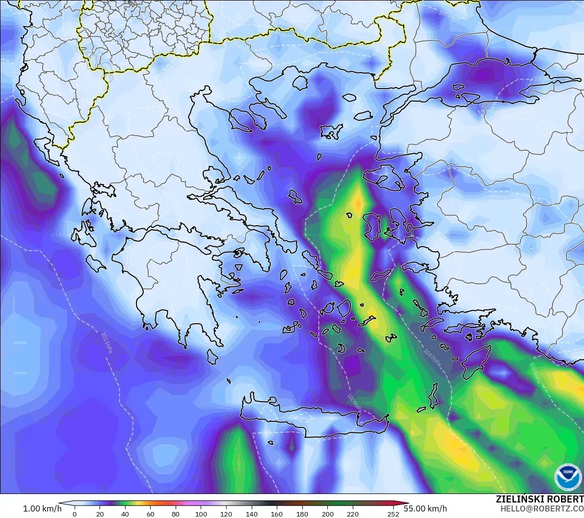 GFS modelo - Grecia, Ráfagas de viento