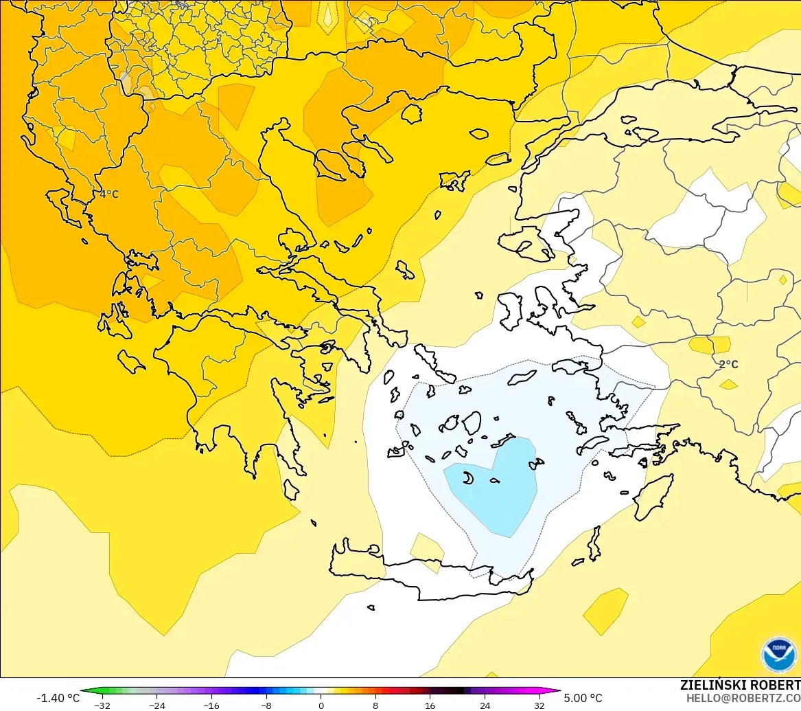 GFS modelo - Grecia, Anomalía de temperatura a 850 hPa