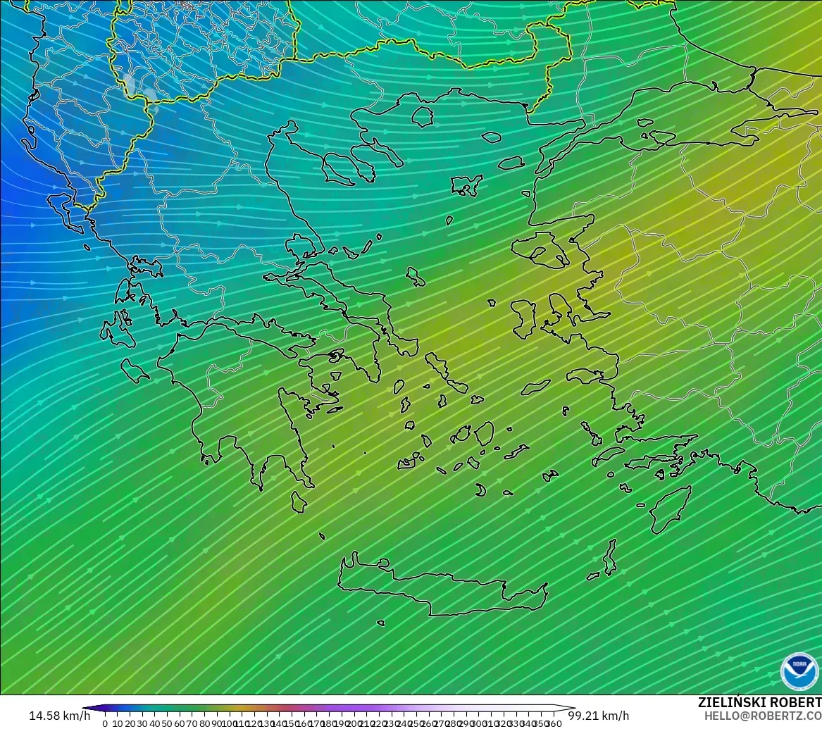 GFS modelo - Grecia, Viento a 300 hPa (corriente en chorro)