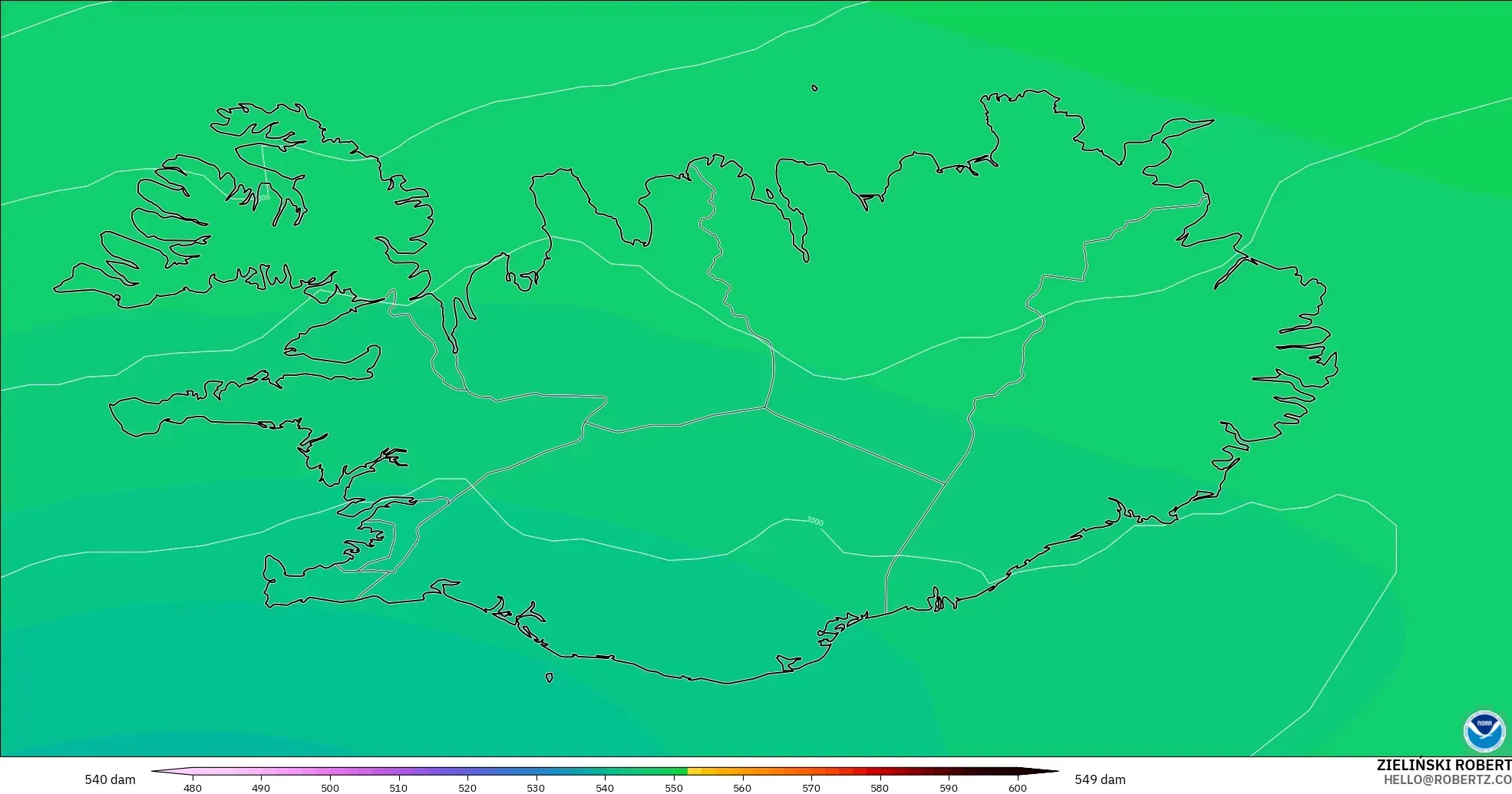 GFS modelo - Islandia, Altura geopotencial a 500 hPa