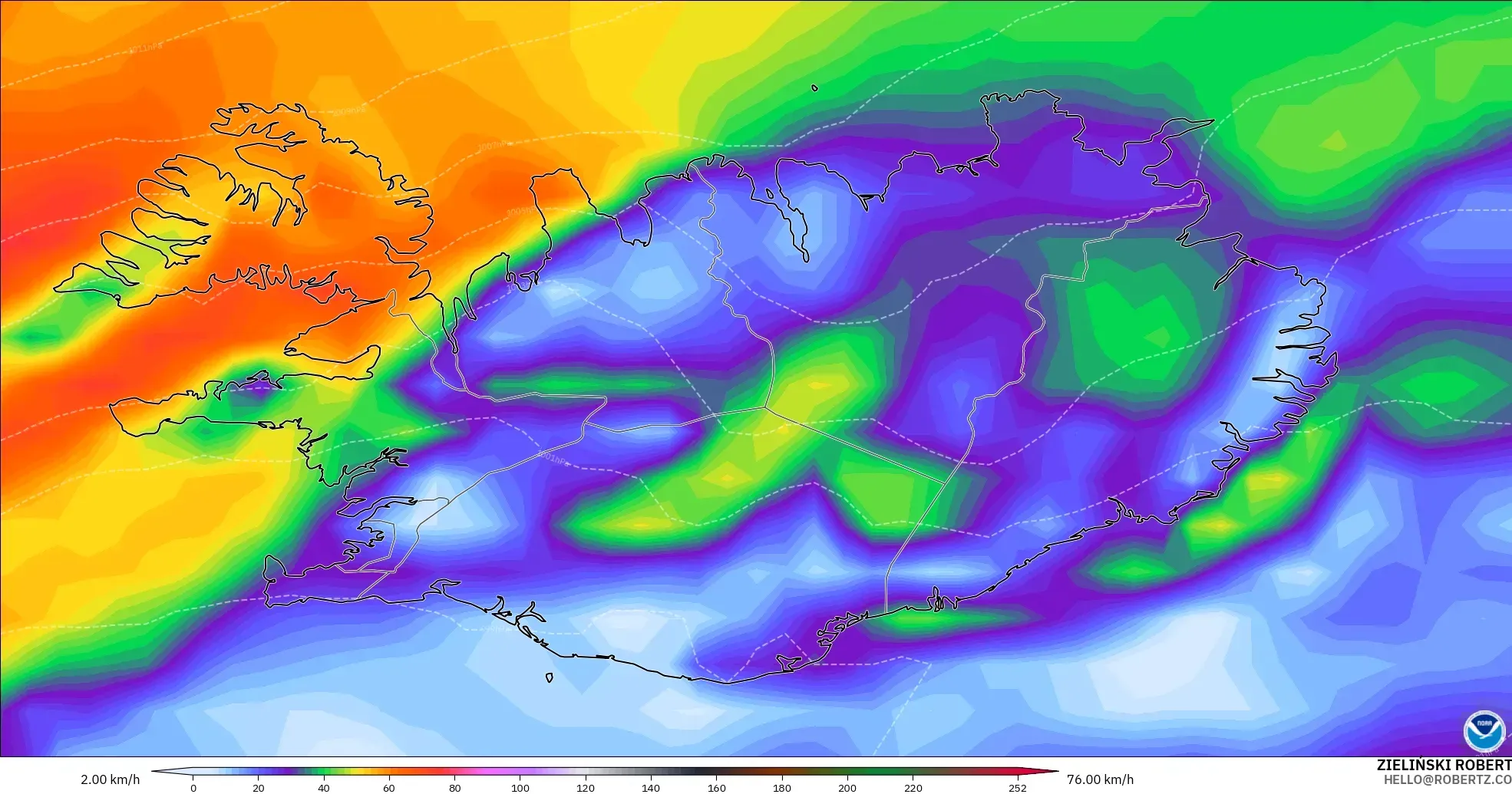 GFS modelo - Islandia, Ráfagas de Viento Máximas