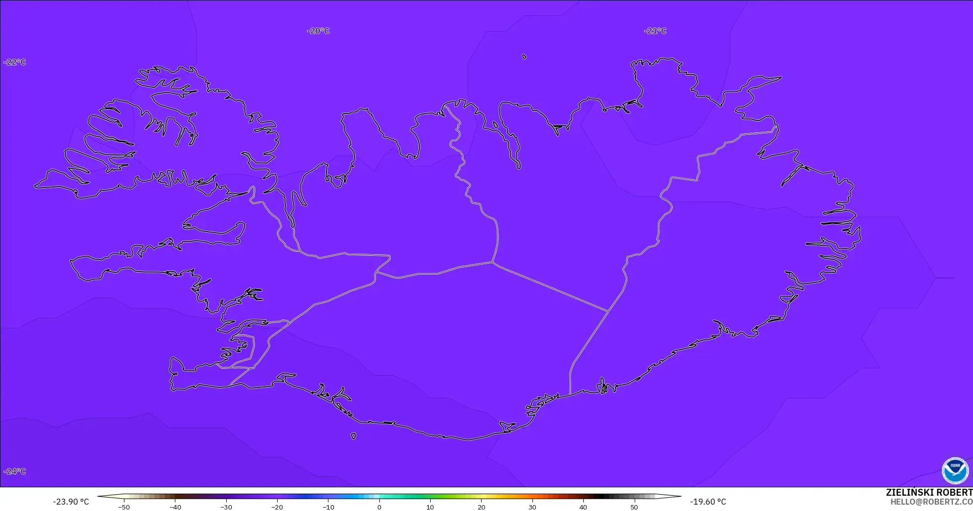 GFS modelo - Islandia, Temperatura a 500 hPa