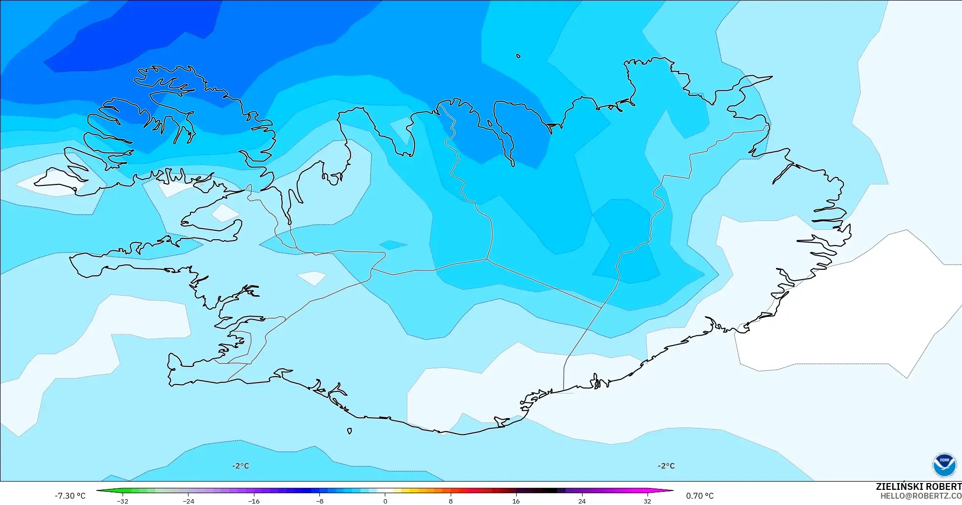 GFS modelo - Islandia, Anomalía de temperatura a 850 hPa