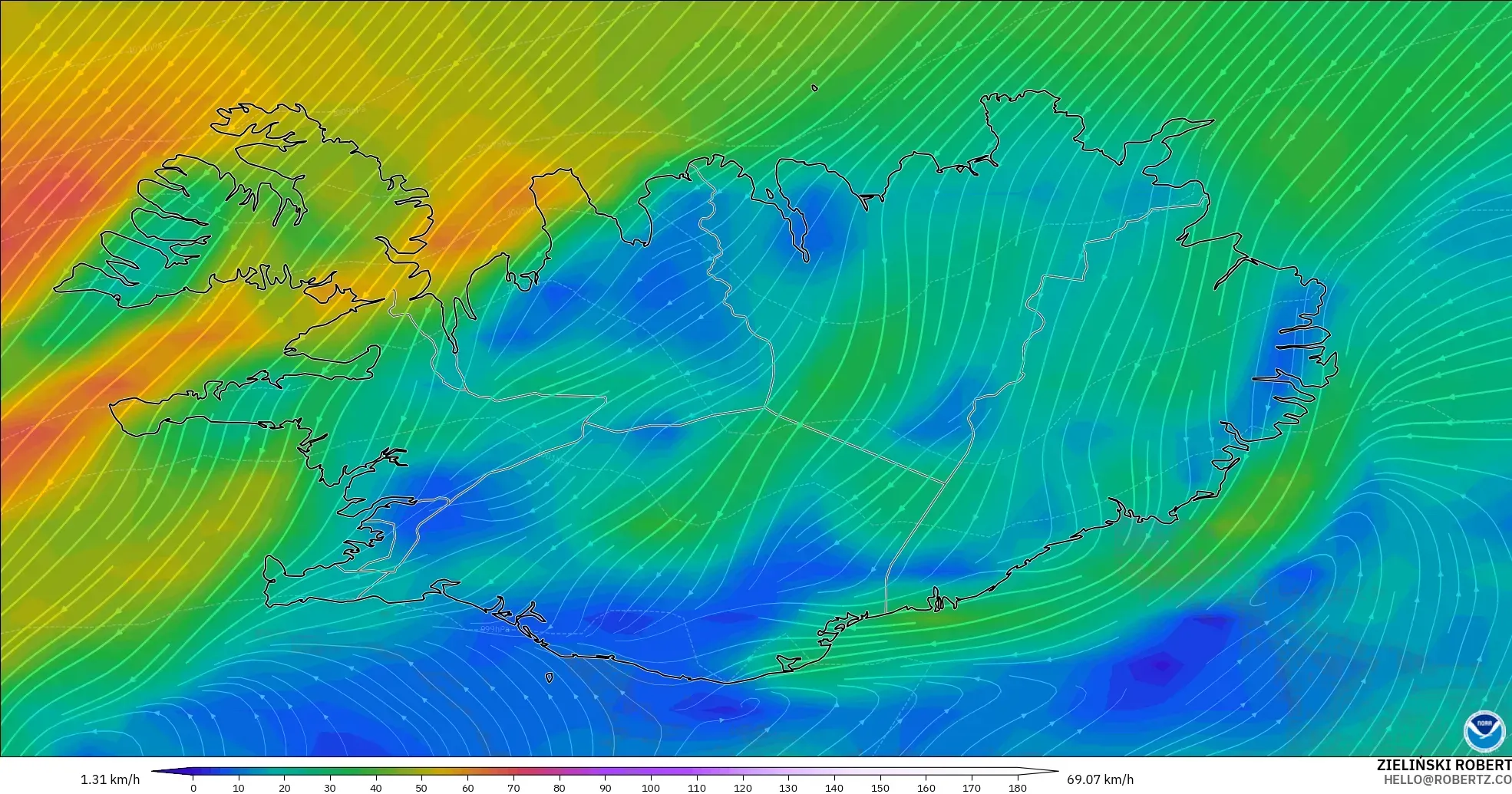 GFS modelo - Islandia, Viento a 10 m