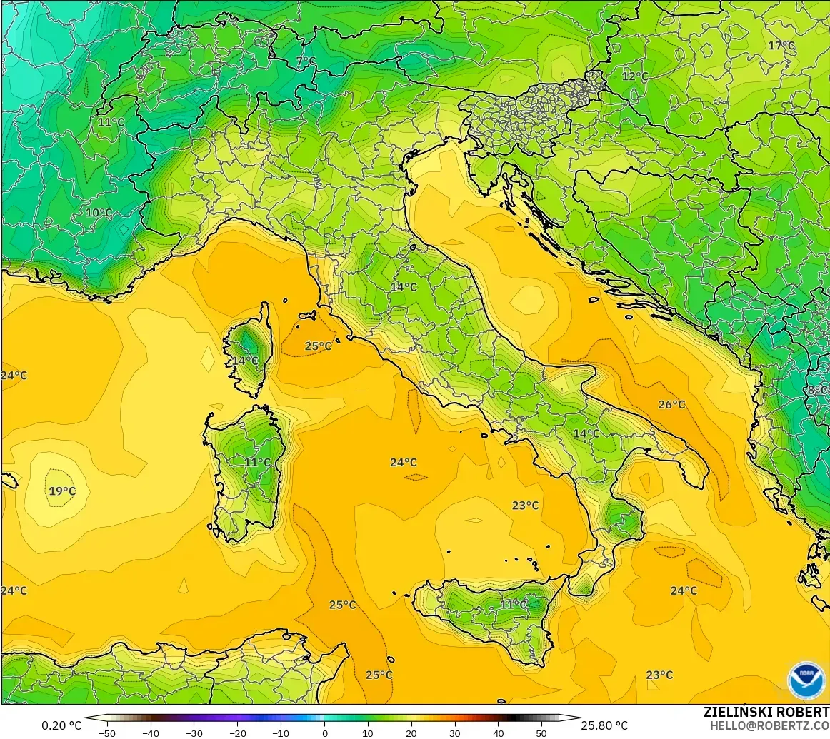 GFS modelo - Italia, Punto de rocío a 2 m