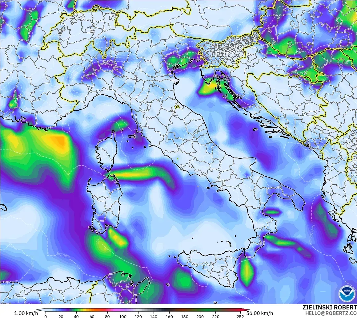 GFS modelo - Italia, Ráfagas de viento