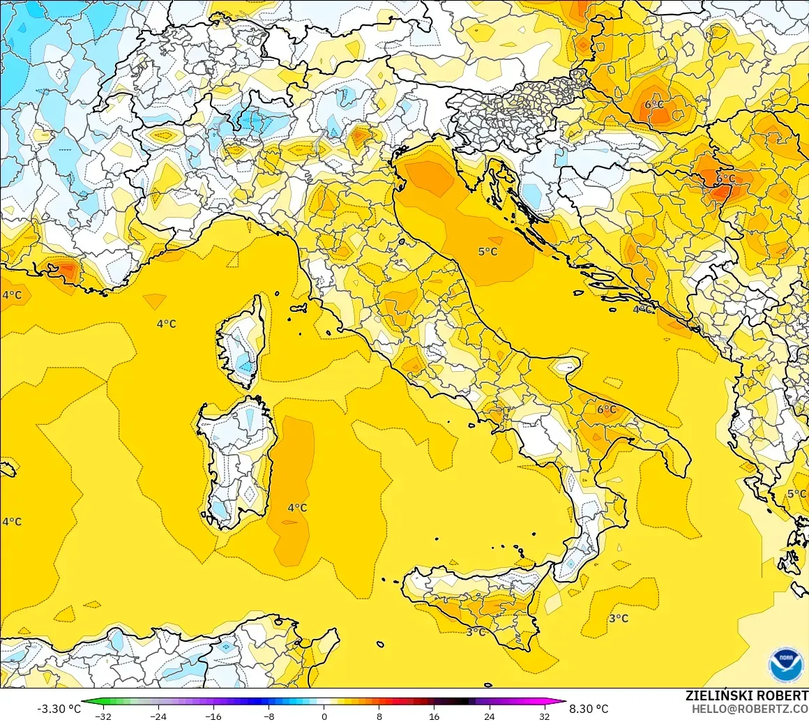 GFS modelo - Italia, Anomalía de temperatura a 2 m