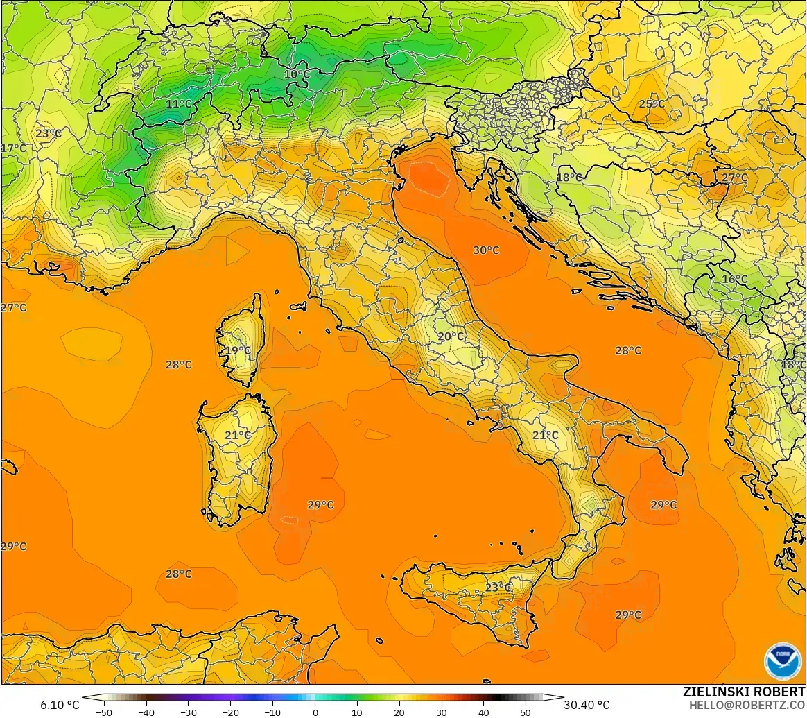GFS modelo - Italia, Temperatura a 2 m