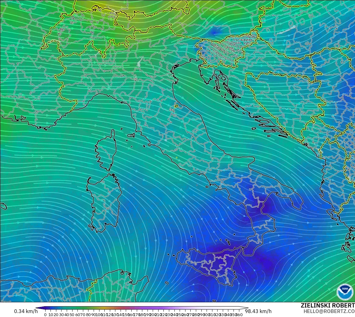 GFS modelo - Italia, Viento a 300 hPa (corriente en chorro)