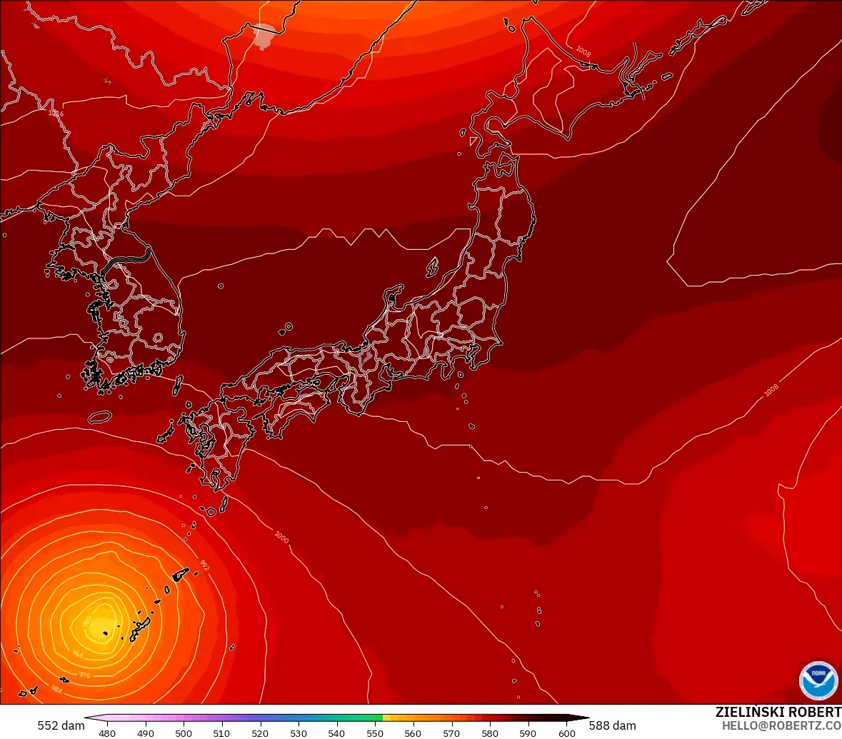 GFS modelo - Japón, Altura geopotencial a 500 hPa