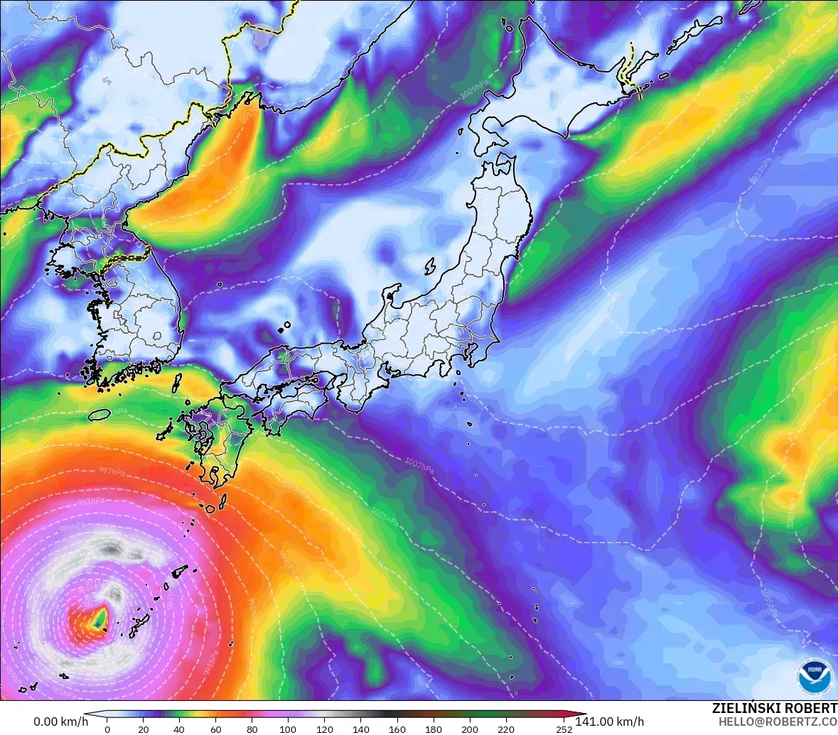 GFS modelo - Japón, Ráfagas de Viento Máximas