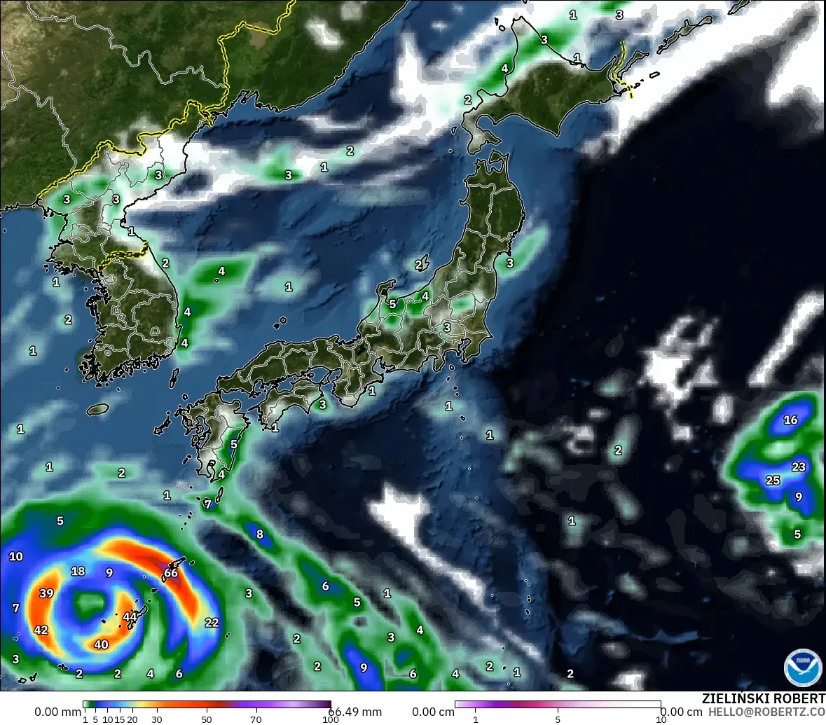 GFS modelo - Japón, Precipitación, nubes y presión