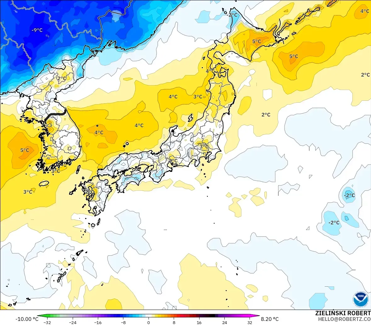 GFS modelo - Japón, Anomalía de temperatura a 2 m