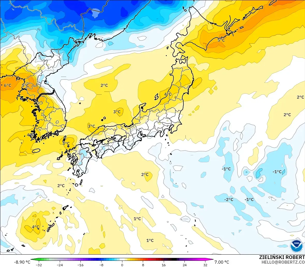 GFS modelo - Japón, Anomalía de temperatura a 850 hPa