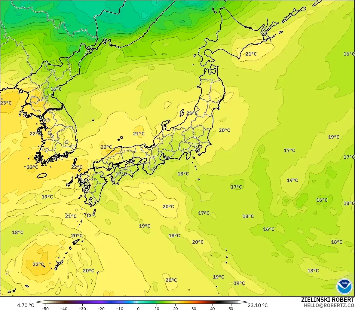 GFS modelo - Japón, Temperatura a 850 hPa