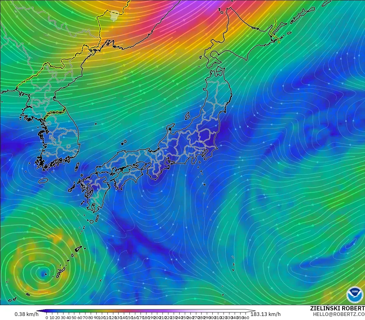 GFS modelo - Japón, Viento a 300 hPa (corriente en chorro)