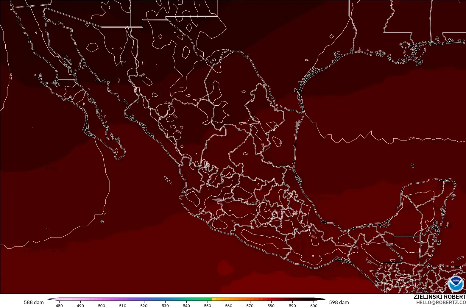 GFS modelo - México, Altura geopotencial a 500 hPa