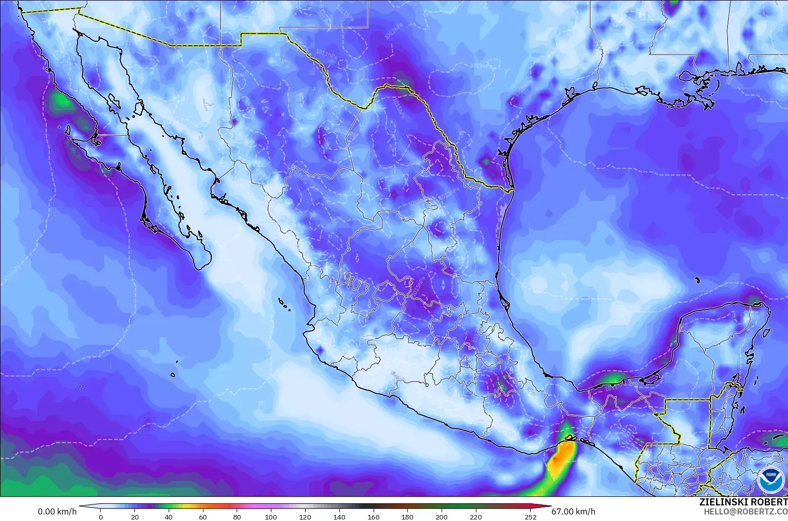 GFS modelo - México, Ráfagas de viento