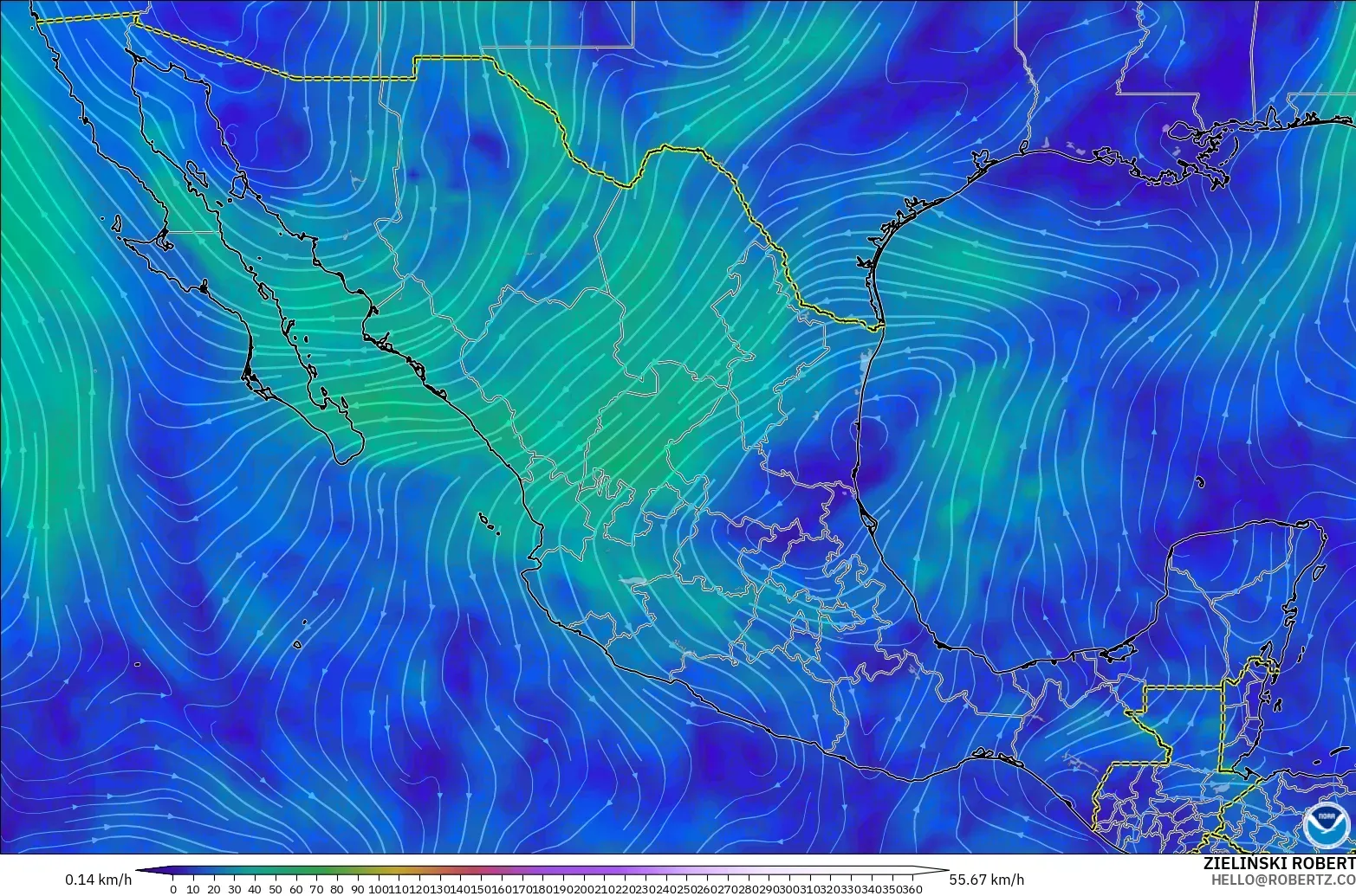 GFS modelo - México, Viento a 300 hPa (corriente en chorro)