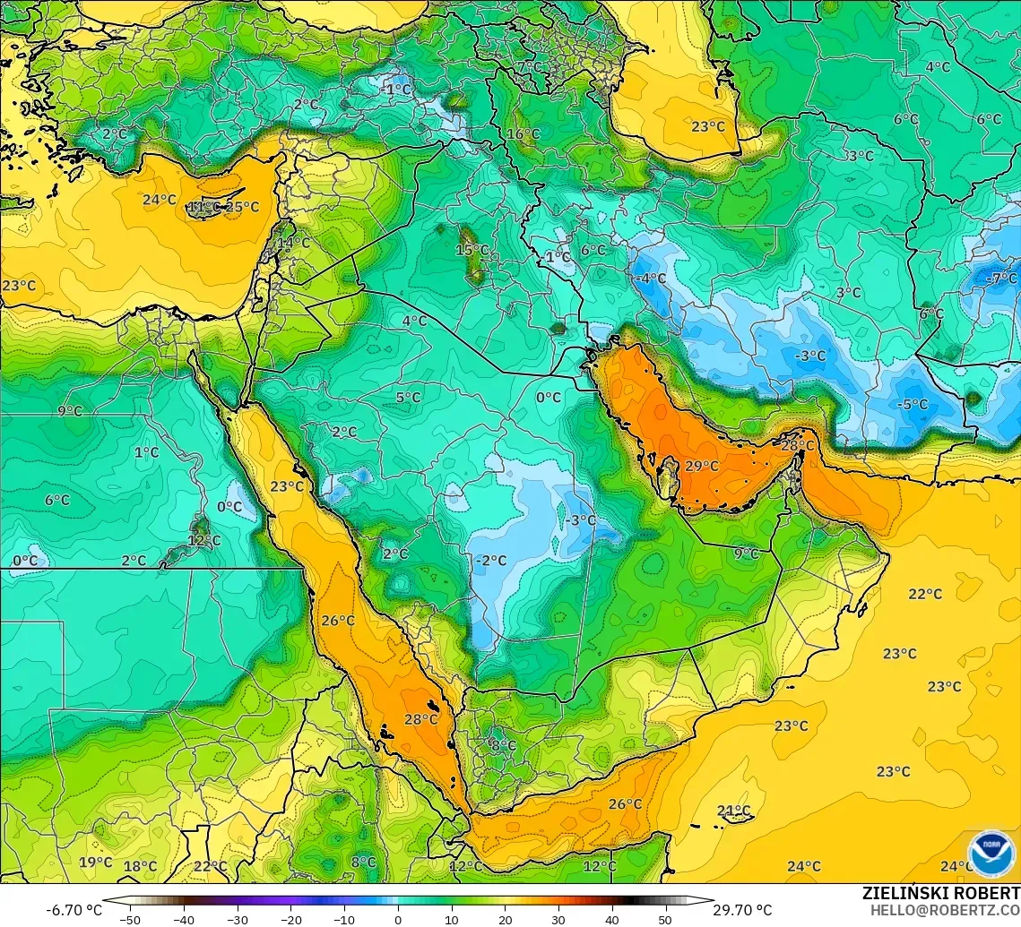 GFS modelo - Oriente Medio, Punto de rocío a 2 m