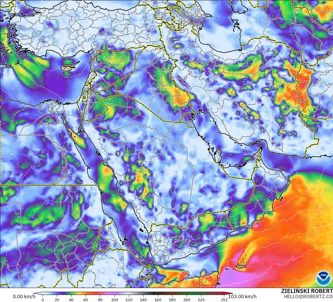GFS modelo - Oriente Medio, Ráfagas de viento