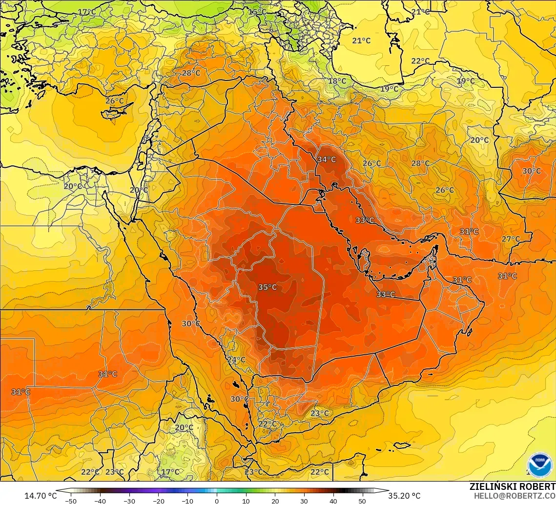 GFS modelo - Oriente Medio, Temperatura a 850 hPa