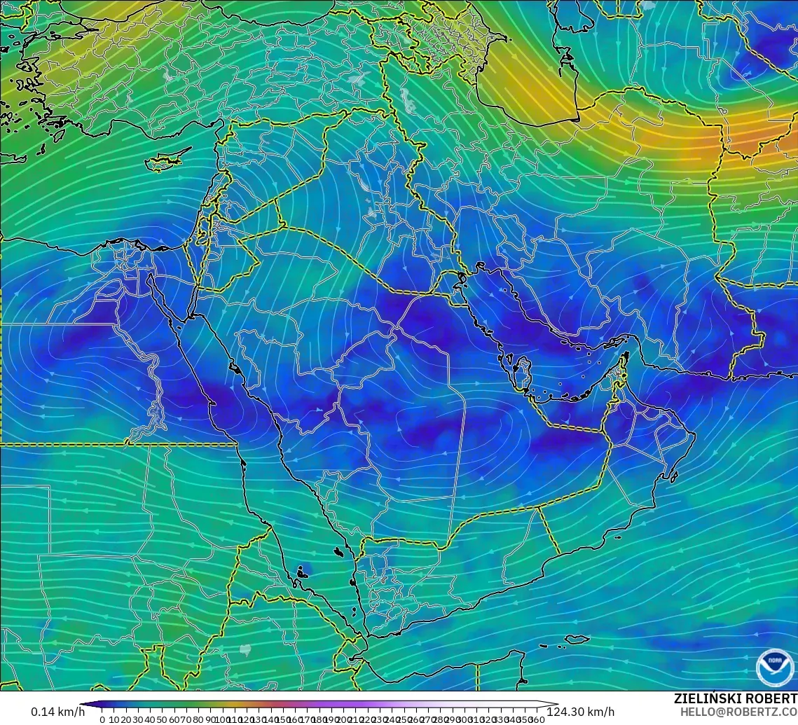 GFS modelo - Oriente Medio, Viento a 300 hPa (corriente en chorro)