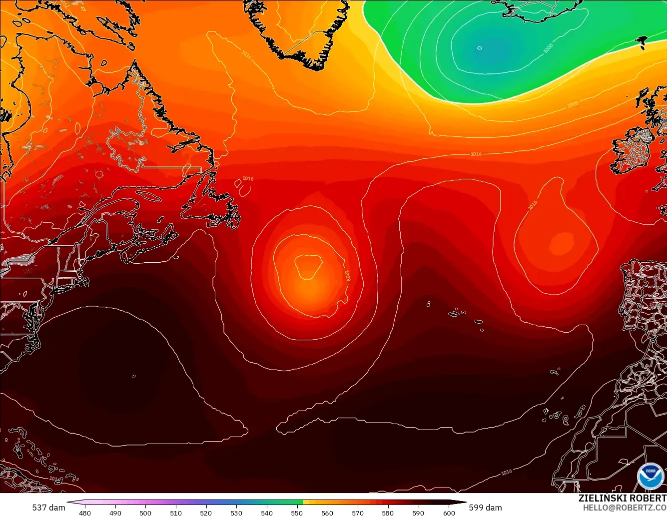 GFS modelo - Norte Atlántico, Altura geopotencial a 500 hPa