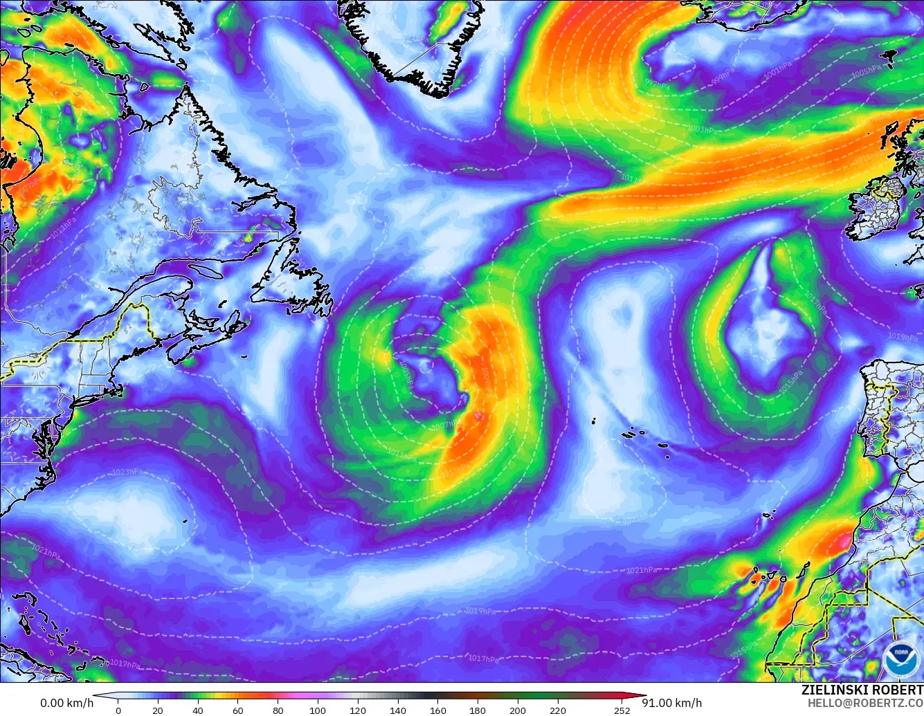 GFS modelo - Norte Atlántico, Ráfagas de Viento Máximas