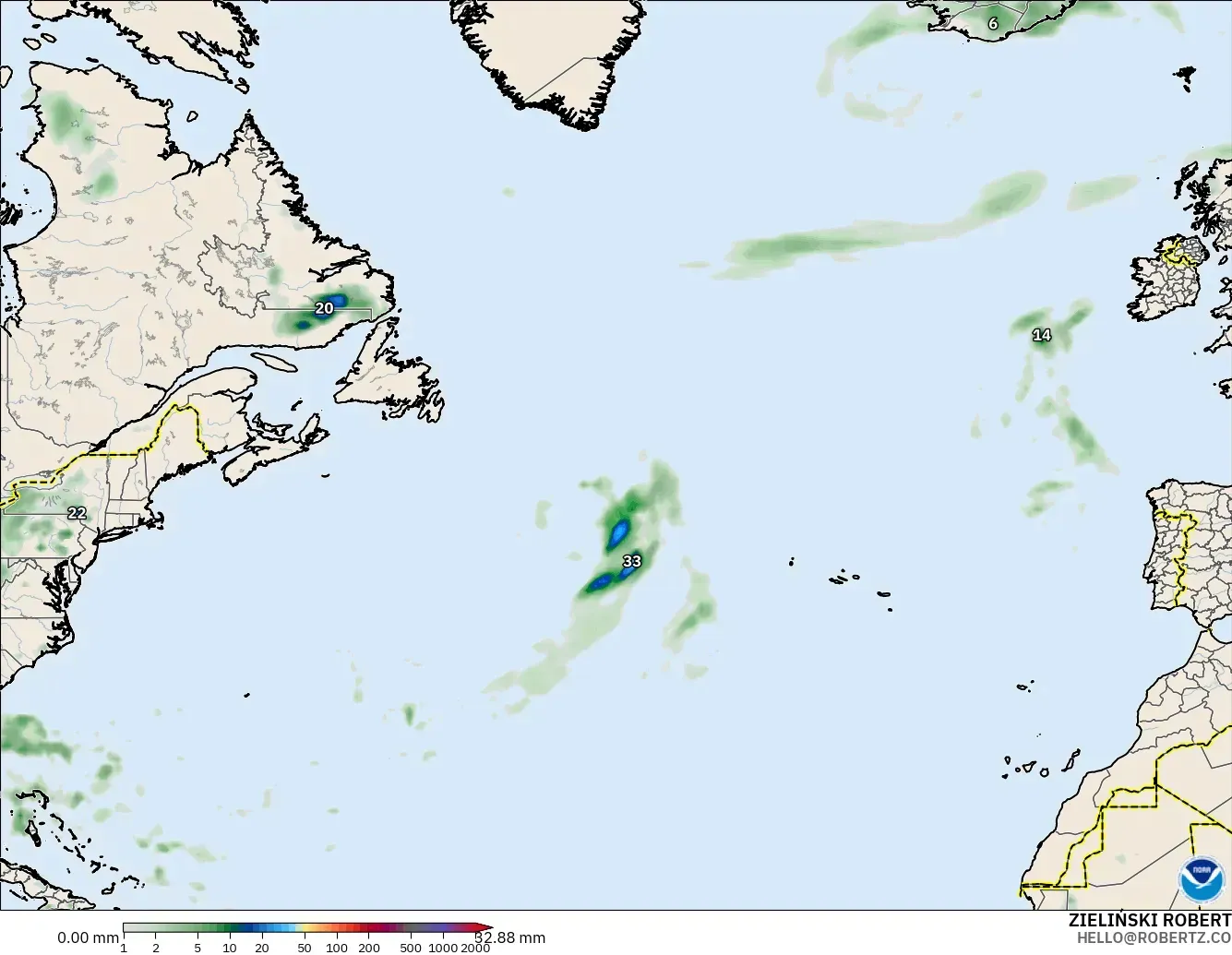 GFS modelo - Norte Atlántico, Acumulación de precipitación