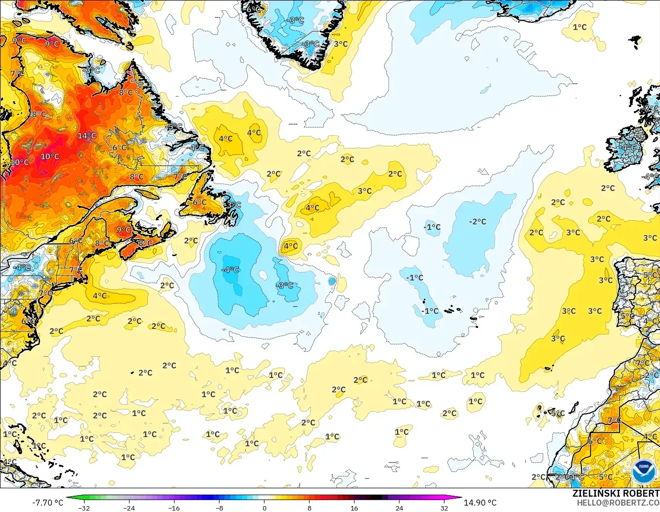 GFS modelo - Norte Atlántico, Anomalía de temperatura a 2 m
