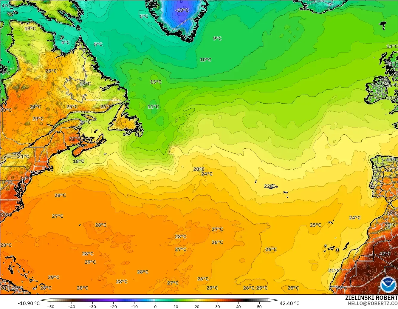 GFS modelo - Norte Atlántico, Temperatura a 2 m
