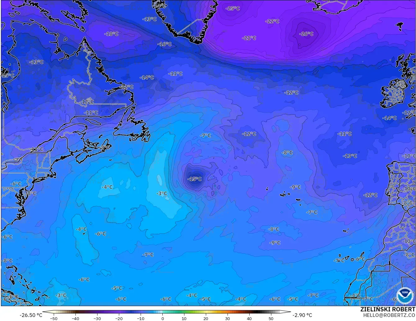 GFS modelo - Norte Atlántico, Temperatura a 500 hPa