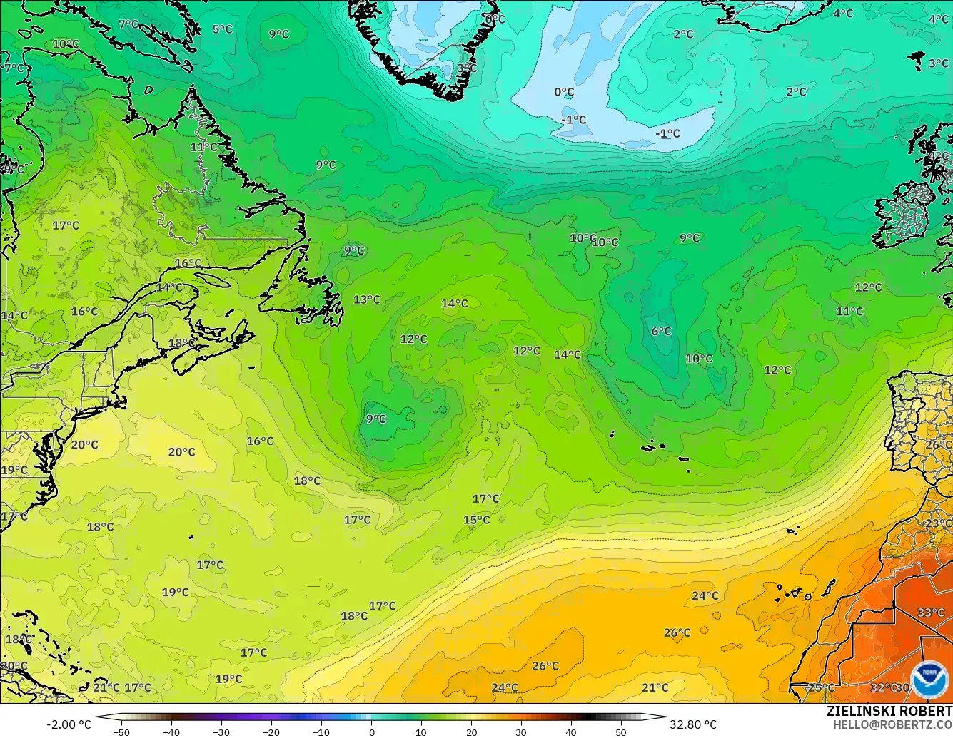 GFS modelo - Norte Atlántico, Temperatura a 850 hPa