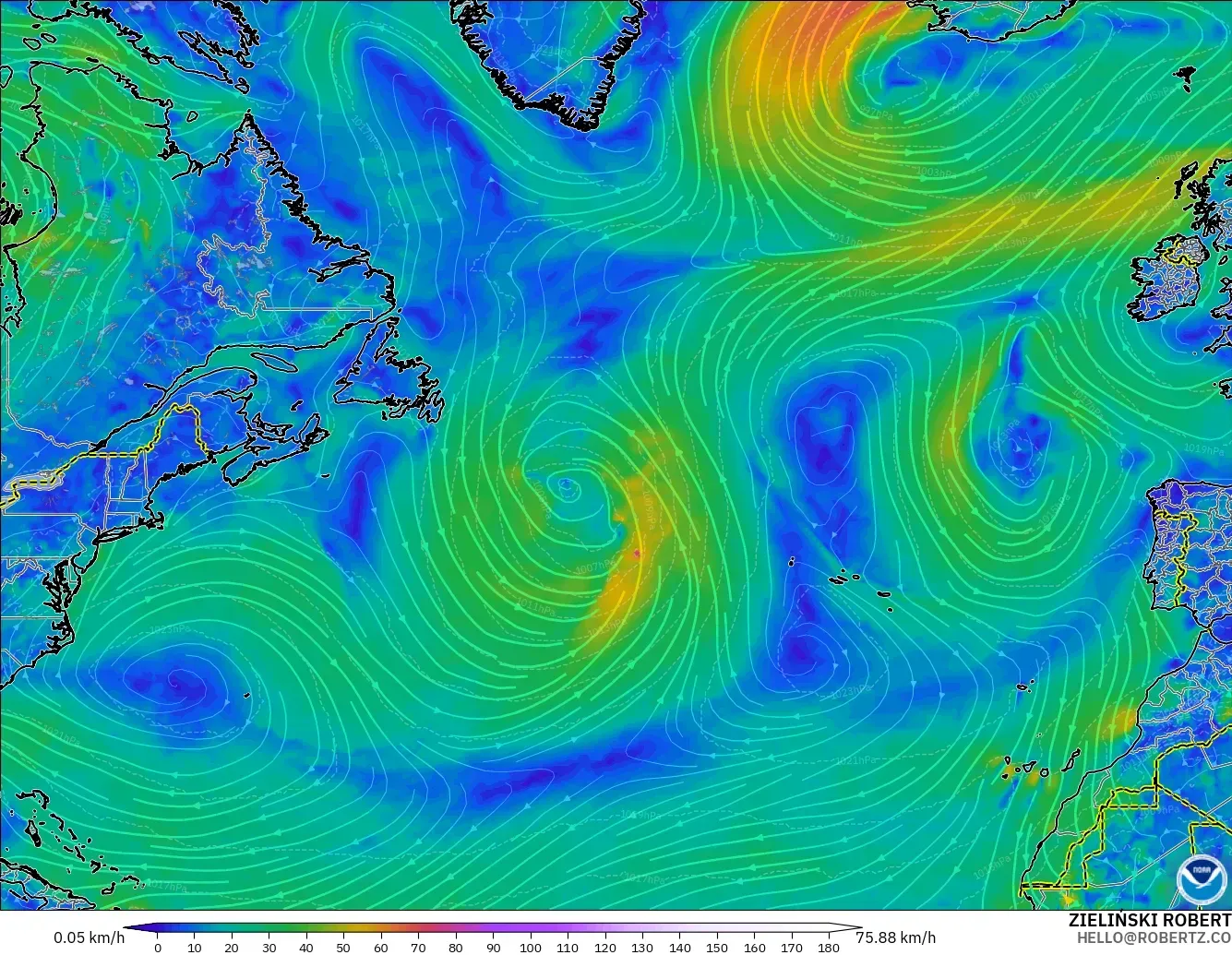 GFS modelo - Norte Atlántico, Viento a 10 m