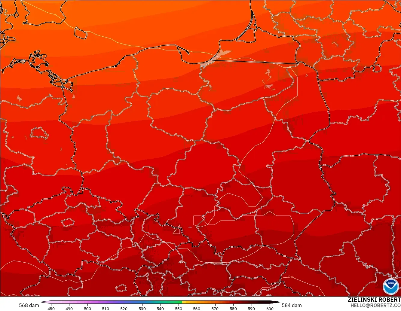 GFS modelo - Polonia, Altura geopotencial a 500 hPa