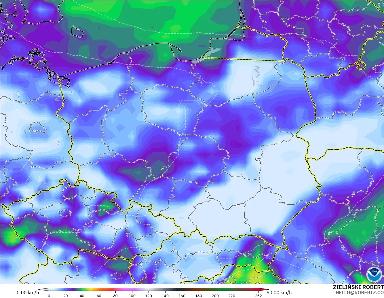 GFS modelo - Polonia, Ráfagas de viento