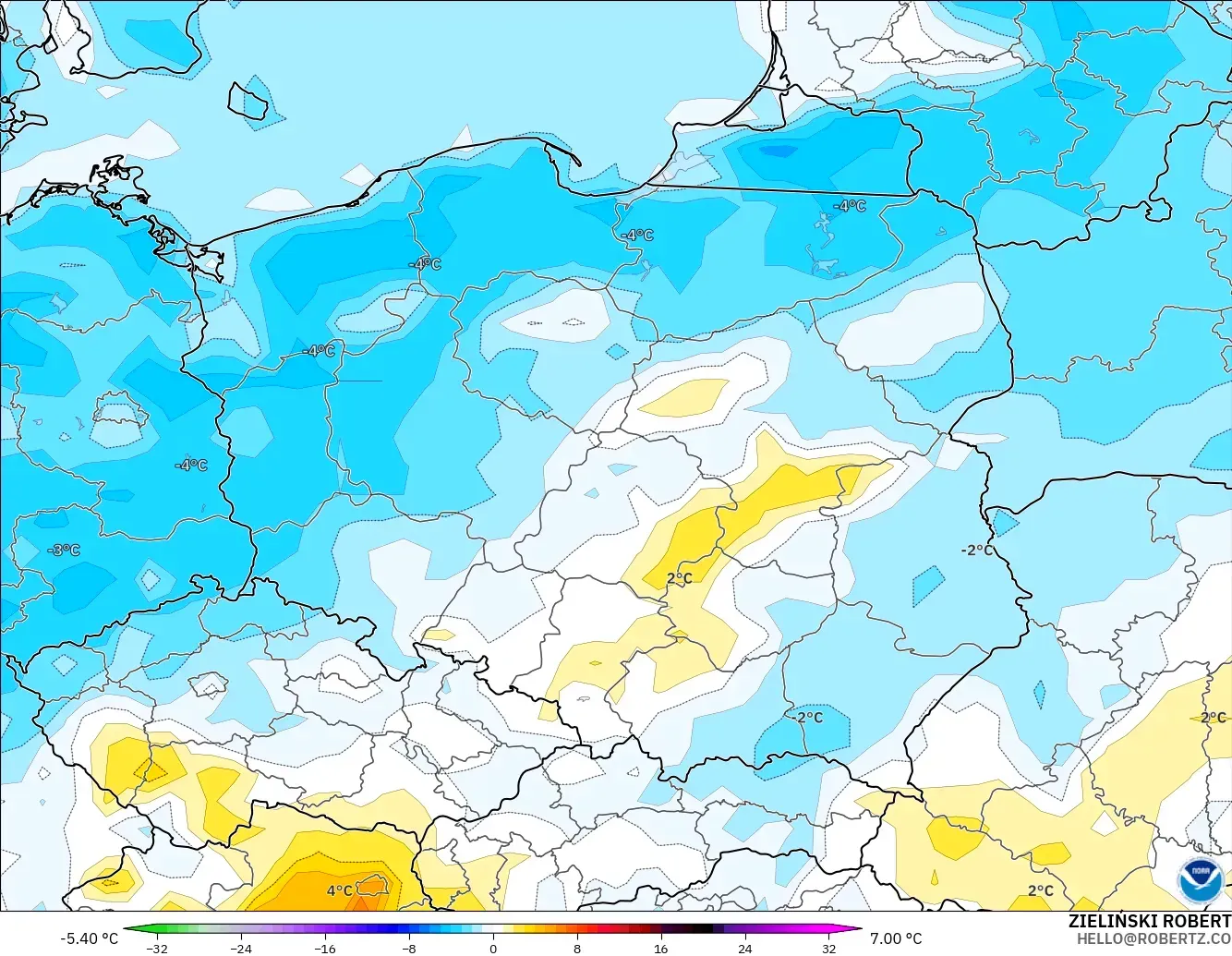 GFS modelo - Polonia, Anomalía de temperatura a 2 m