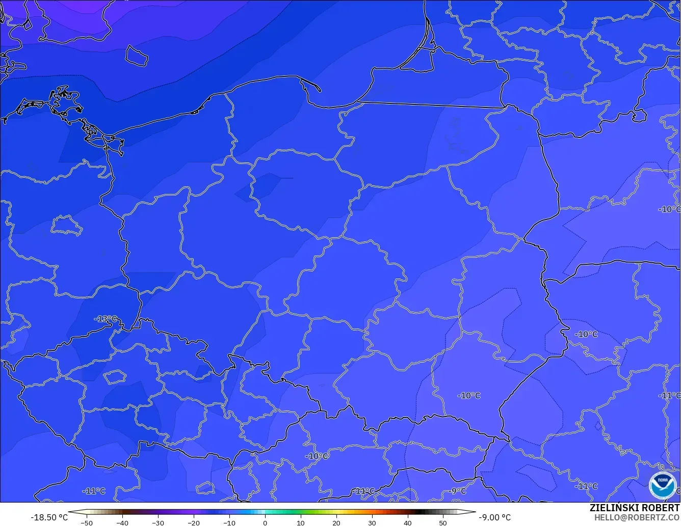 GFS modelo - Polonia, Temperatura a 500 hPa