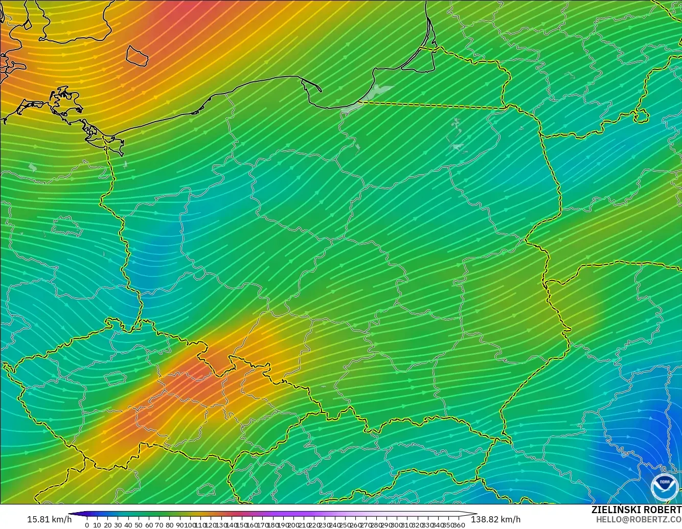 GFS modelo - Polonia, Viento a 300 hPa (corriente en chorro)
