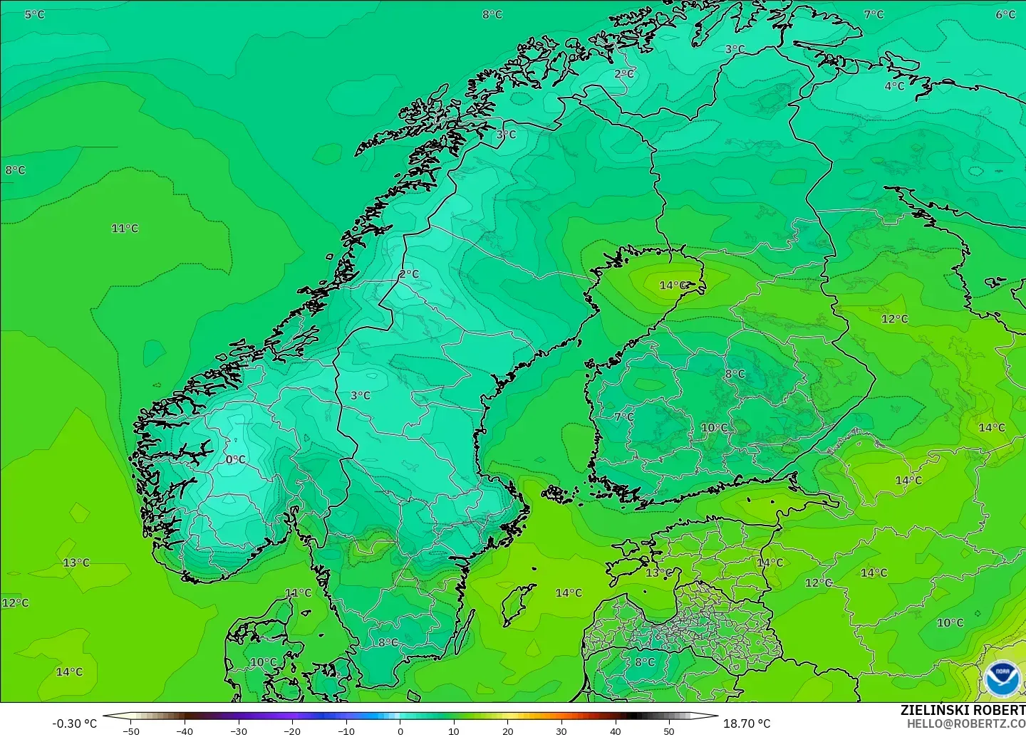 GFS modelo - Escandinavia, Punto de rocío a 2 m