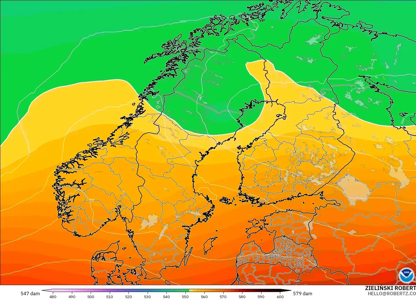GFS modelo - Escandinavia, Altura geopotencial a 500 hPa