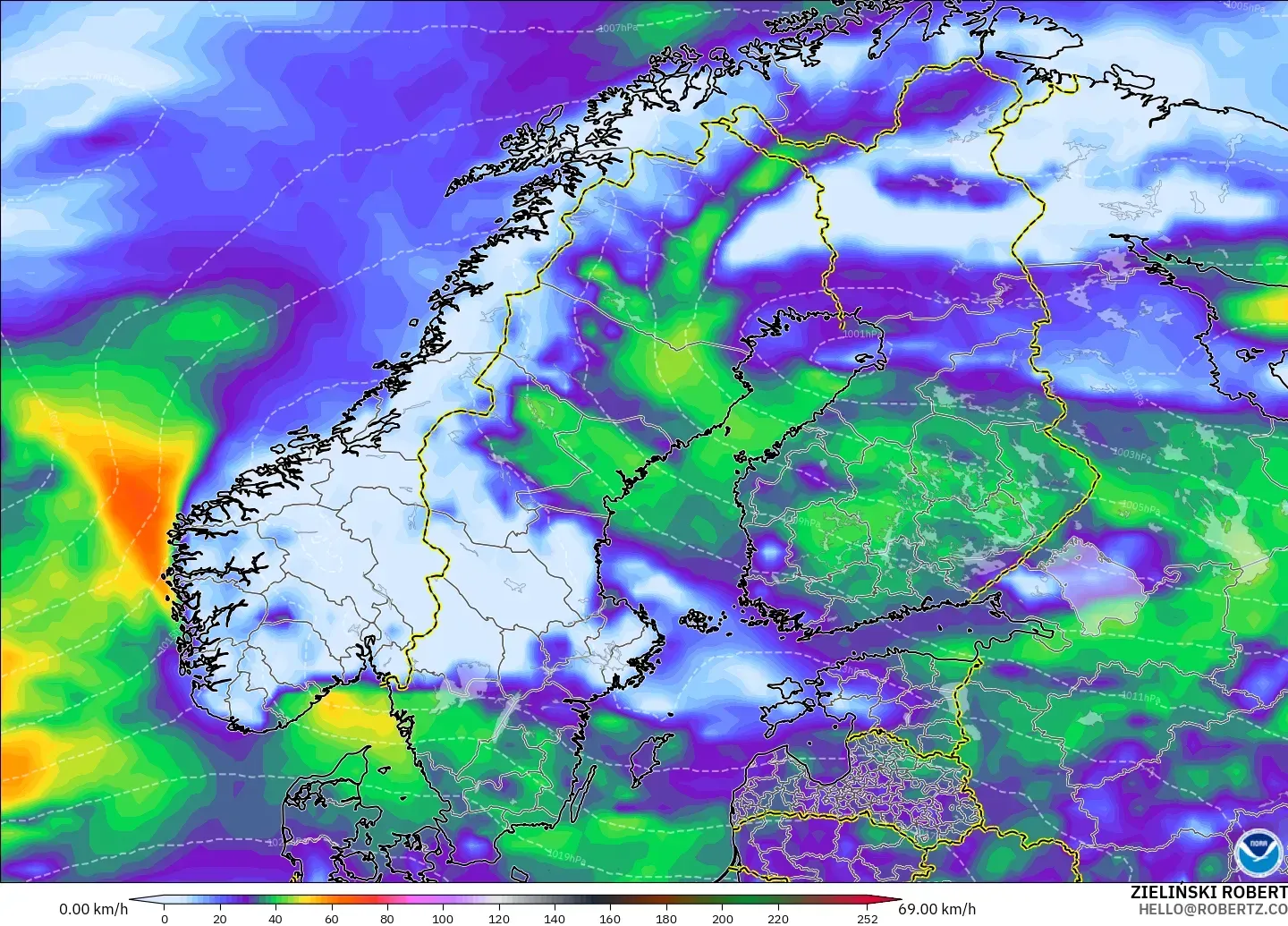 GFS modelo - Escandinavia, Ráfagas de viento