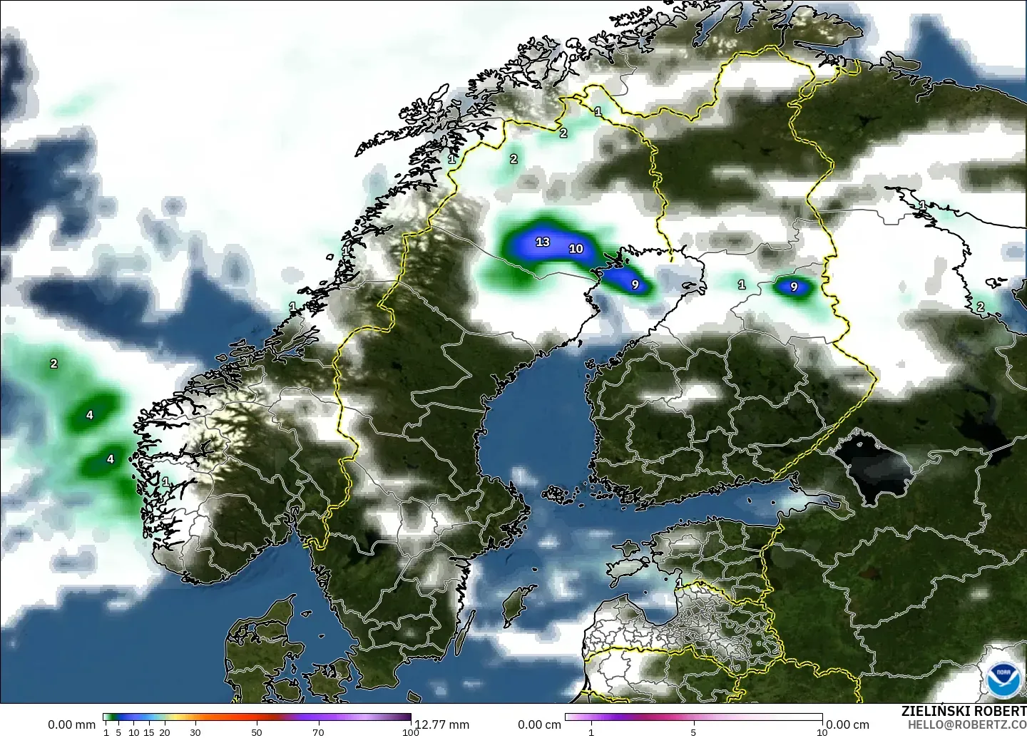 GFS modelo - Escandinavia, Precipitación, nubes y presión