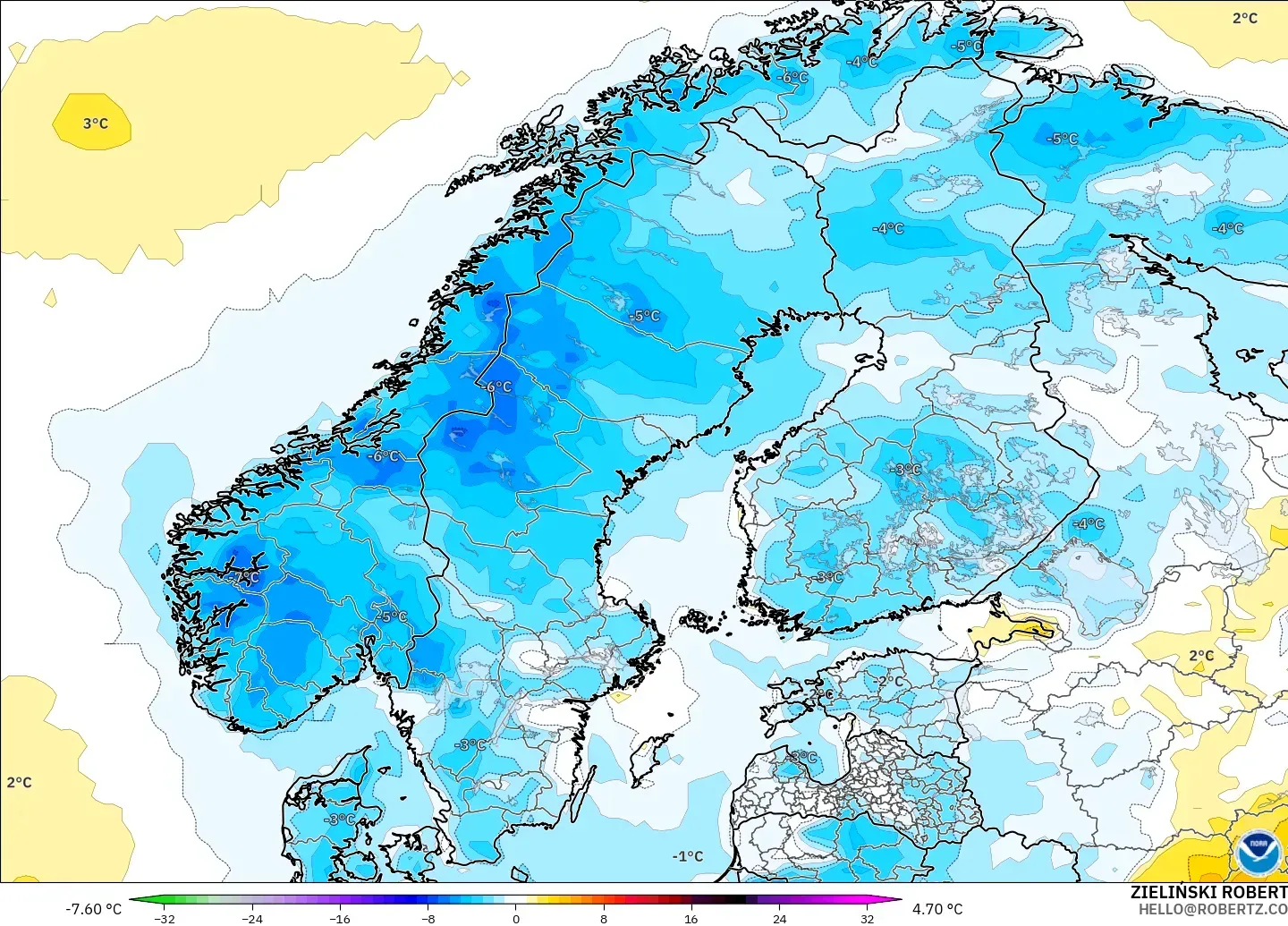 GFS modelo - Escandinavia, Anomalía de temperatura a 2 m