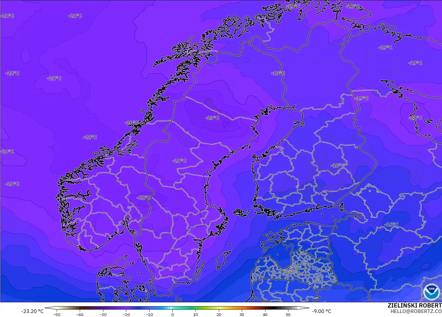 GFS modelo - Escandinavia, Temperatura a 500 hPa