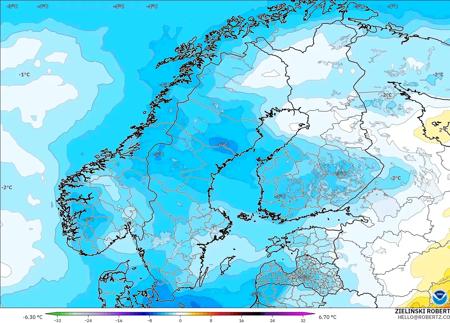 GFS modelo - Escandinavia, Anomalía de temperatura a 850 hPa