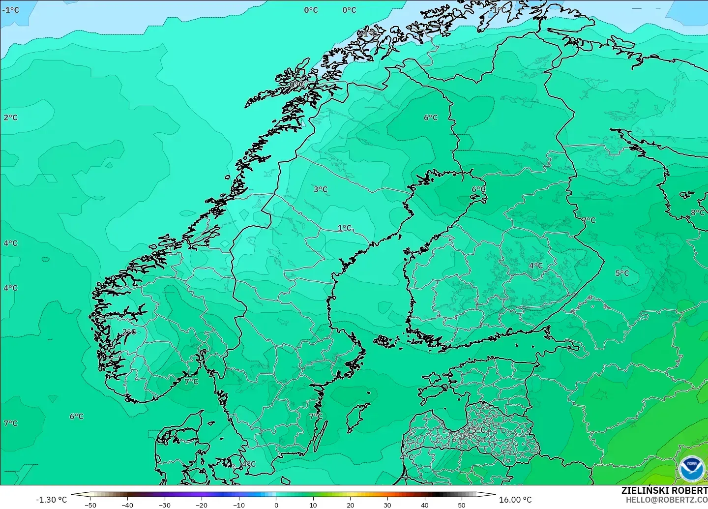 GFS modelo - Escandinavia, Temperatura a 850 hPa