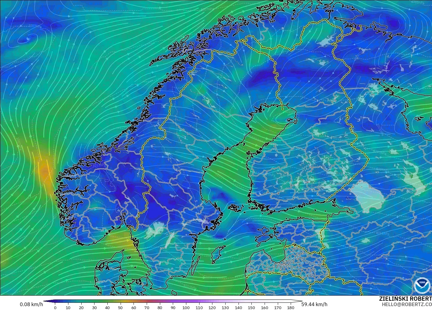 GFS modelo - Escandinavia, Viento a 10 m