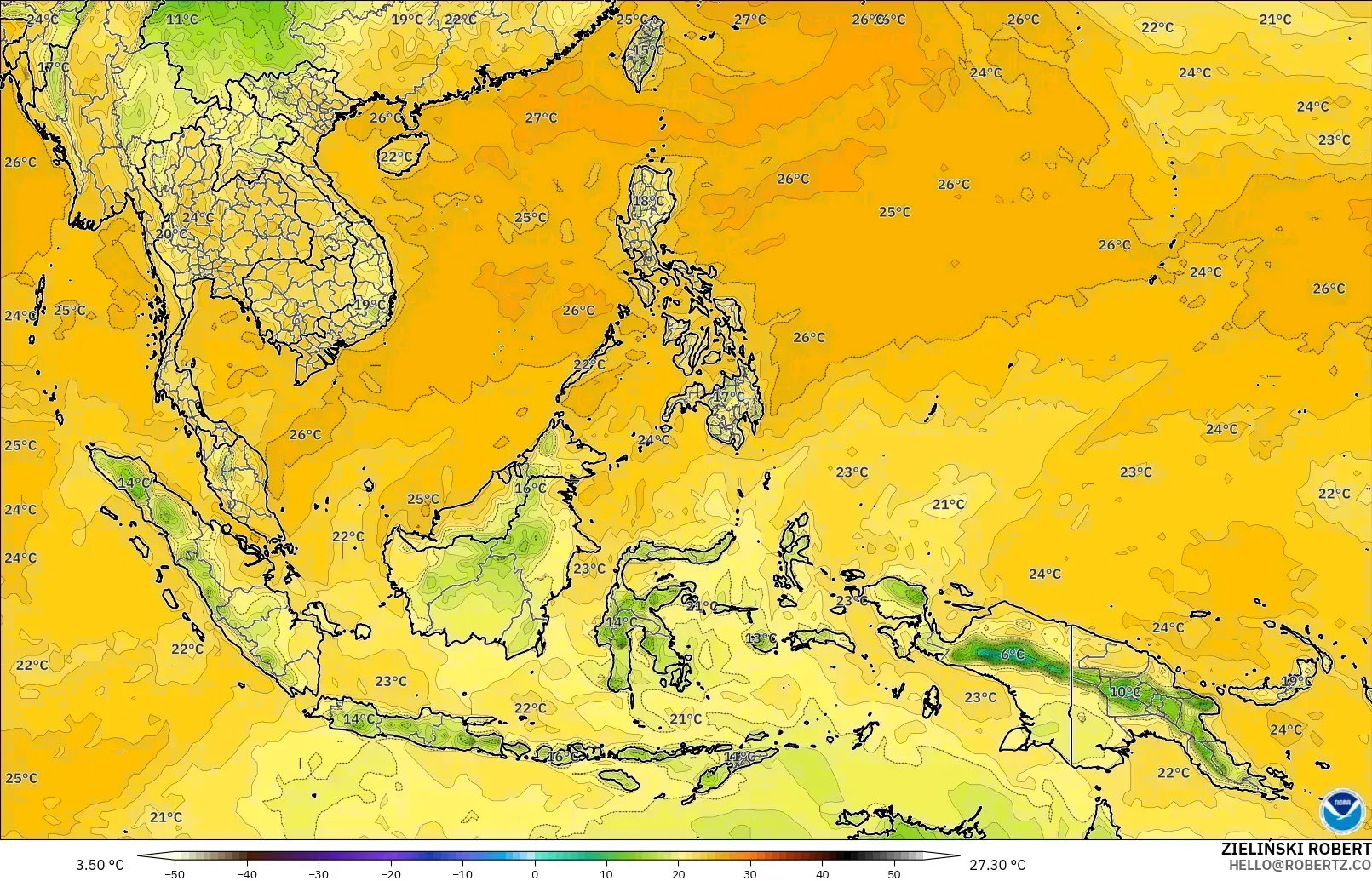 GFS modelo - Sudeste Asiático, Punto de rocío a 2 m